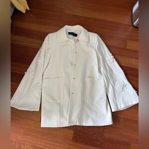 Zara Basic Floral Embroidered Sleeve White Blazer Coat